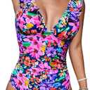 CUPSHE Women's Ruffled One Piece Swimsuit V Neck Lace Up (Medium, Magenta Ditsy Print)