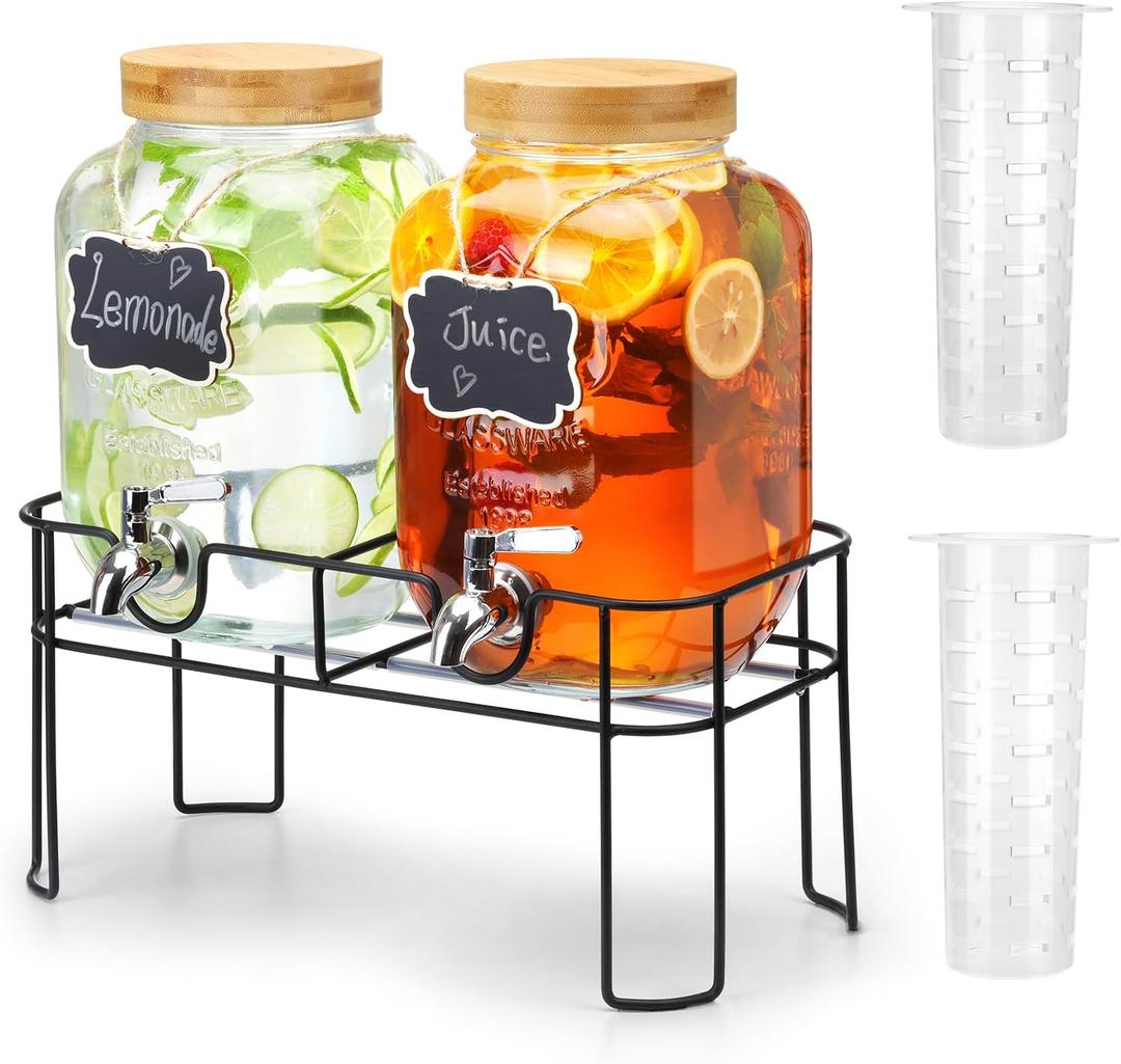 2 Pack 1 Gallon Glass Drink Dispenser with Bamboo Lid, Beverage Dispenser with Stand, Drink Machine for Lemonade, Iced Drinks Kombucha Dispenser