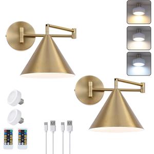 ZCPULS Rechargeable Swing Arm Wall Sconces Set of 2, Gold Battery Operated Wireless Dimmable 3 Color Wall Light with Remote, Cone Indoor Light Fixture for Bedside, Kitchen, Hallway, Living Room, Reading