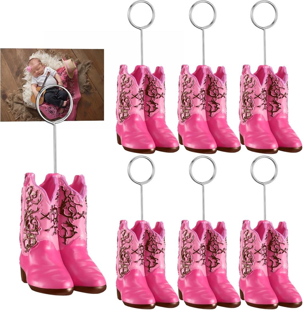 Tatuo 6 Pcs Cowboy Boots Table Number Holders Cute Photo Balloon Place Card Holder Cute Table Number Stands Picture Menu Memo Clips for Food Signs Party Wedding Anniversary Decorations (Pink)
