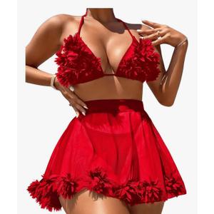 OYOANGLE Women's 3 Pieces Swimsuit Halter Triangle Bikini Swimsuit with Mesh Beach Skirt Cover Up,S