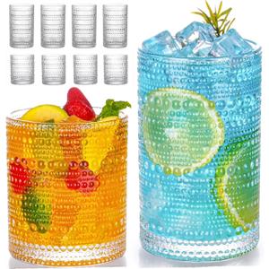 Hobnail Drinking Glasses Set of 8, 12 oz Highball Glasses & 10 oz Cocktail Glasses, Embossed Vintage Kitchen Glassware, Dishwasher Safe Glasses Drinking Set for Whiskey, Juice, Cocktails, Beer