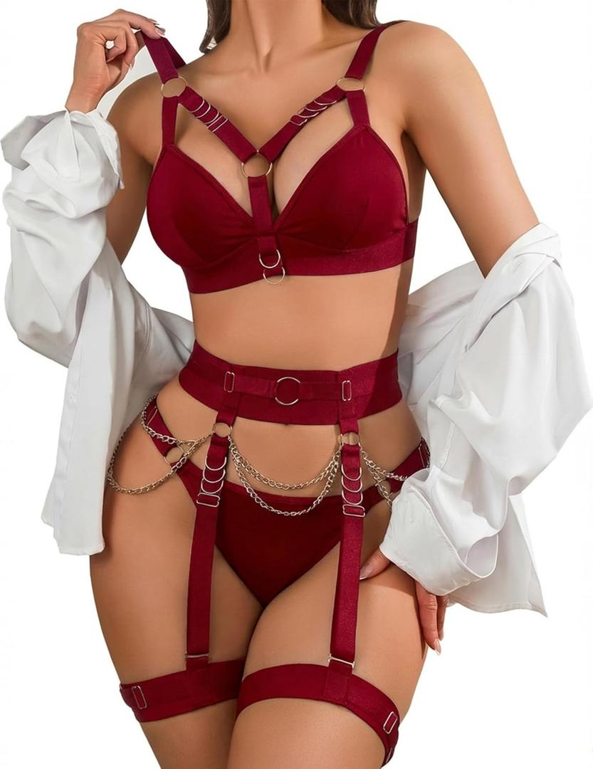 Sexy Lingerie Set For Women With Garter Belt 5 Pieces Strappy Bra and Panty Set Adjustable With Chain (Large, Burgundy)