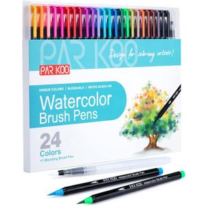 ParKoo Watercolor Brush Pens, 24 Colors Flexible Real Nylon Brush Tip Pens for Watercolor Painting, 1 Blending Brush, Paint Markers for Artists and Beginner Painters Coloring Books, Calligraphy