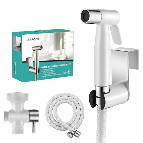 BARROCK Handheld Bidet Sprayer for Toilet, Stainless Steel Metal Made Baby Cloth Diaper Spraying Kit, Bathroom Toilet Bidet Attachment Set for Bathing Pets and Feminine Hygiene, Chrome and White