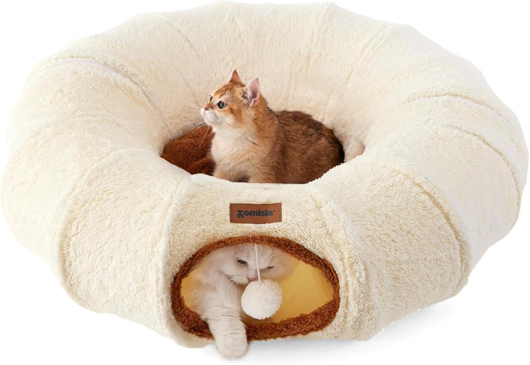 ZOMISIA Cat Tunnel Bed for Indoor Cats, Cute Cat Donut Toy Tunnel for Small Large Cats, Peekaboo Pet Cave Play Tunnel Toys for Kitten/Rabbit, Beige