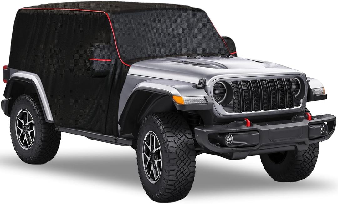 MZS Cab Cover Compatible with Wrangler JK JL 2 Door 2007-2026, 600D Waterproof Wrangler Cover with Mirror Pocket 6 Gust Hook Car Half Cover Windproof Sun Snow Rain Scratch Protection