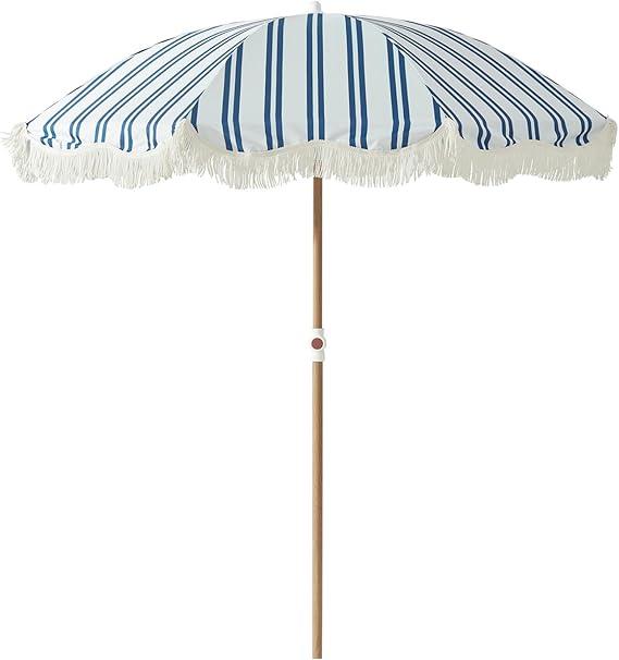 6.5FT Striped Beach Umbrella with Fringe, UPF 50+ Sun Protection with Silver Coating, Adjustable Height and Tilt Design, Wind-Resistant Fiberglass Ribs, Wood Grain Iron Pole, Lightweight Design with Portable Carry Bag, Base Not Included