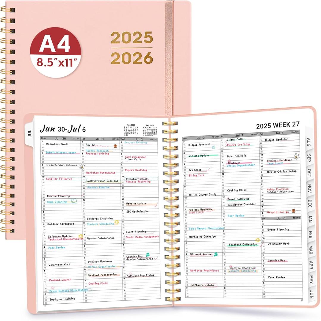 Appointment Book 2025-2026, Quarter-Hourly, Weekly & Monthly Academic Planner (July 2025 - June 2026), 8.5"x11" Schedule Book with Flexible Cover & Tabs, Perfect for Office School Supplies - Pink