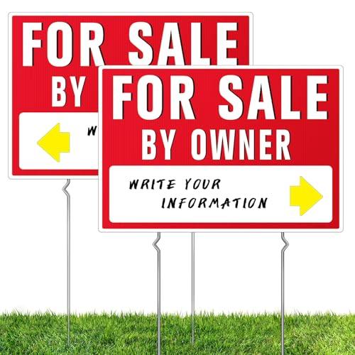 2PC House For Sale By Owner Yard Sign, Double-Sided Home For Sale Sign with Metal Stakes, for Real Estate, Large Directional Arrows Stickers, 16"x11" Corrugated Plastic House By Owner Signs
