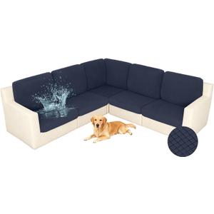 ALIECOM Blue Sectional Couch Covers, 100% Waterproof High Stretch Sofa Slipcovers Soft Washable Couch Cushion Covers Sofa Covers for Kids/Pets (5 Seat and 6 Backrest Covers, Navy)