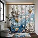 DDQQ 3D Waves and Starfish Shower Curtains with Rugs, Seashells and Pearl Accents Bathroom Sets with Shower Curtain and Rugs, White Flower Shower Curtains for Bathroom Toilet Lid Cover