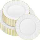 50 Pcs White Scalloped Plastic Plates with Gold Rim Disposable Fancy Decorative Elegant Party Plates 25pcs Heavy Duty Dinner Plate 10" 25pcs Dessert Plate 7.5" Perfect for Wedding Baby Shower