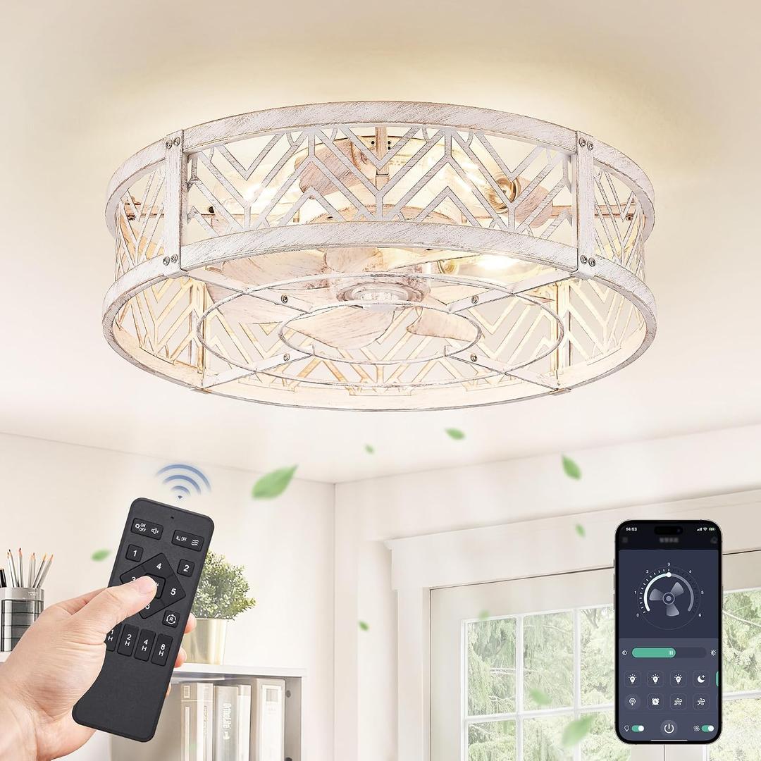 LEDIARY 20" Caged Ceiling Fan with Light, Small Flush Mount Ceiling Fan with App&Remote, Low Profile Bladeless Ceiling Fan Light Fixture 6 Speed, Reversible and Quiet Motor-White Gold