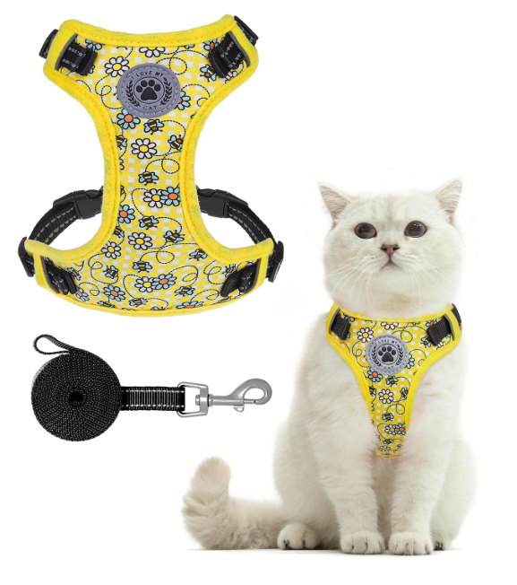 BEAUTYZOO Cat Harness, Escape Proof Cat Leash and Harness Set for Walking, Soft Breathable Vest Harness with Safety Neck Adjustable, Reflective Easy-Control Kitten Harness for Cats (Bee Design) Size: M (Chest: 12 - 19")