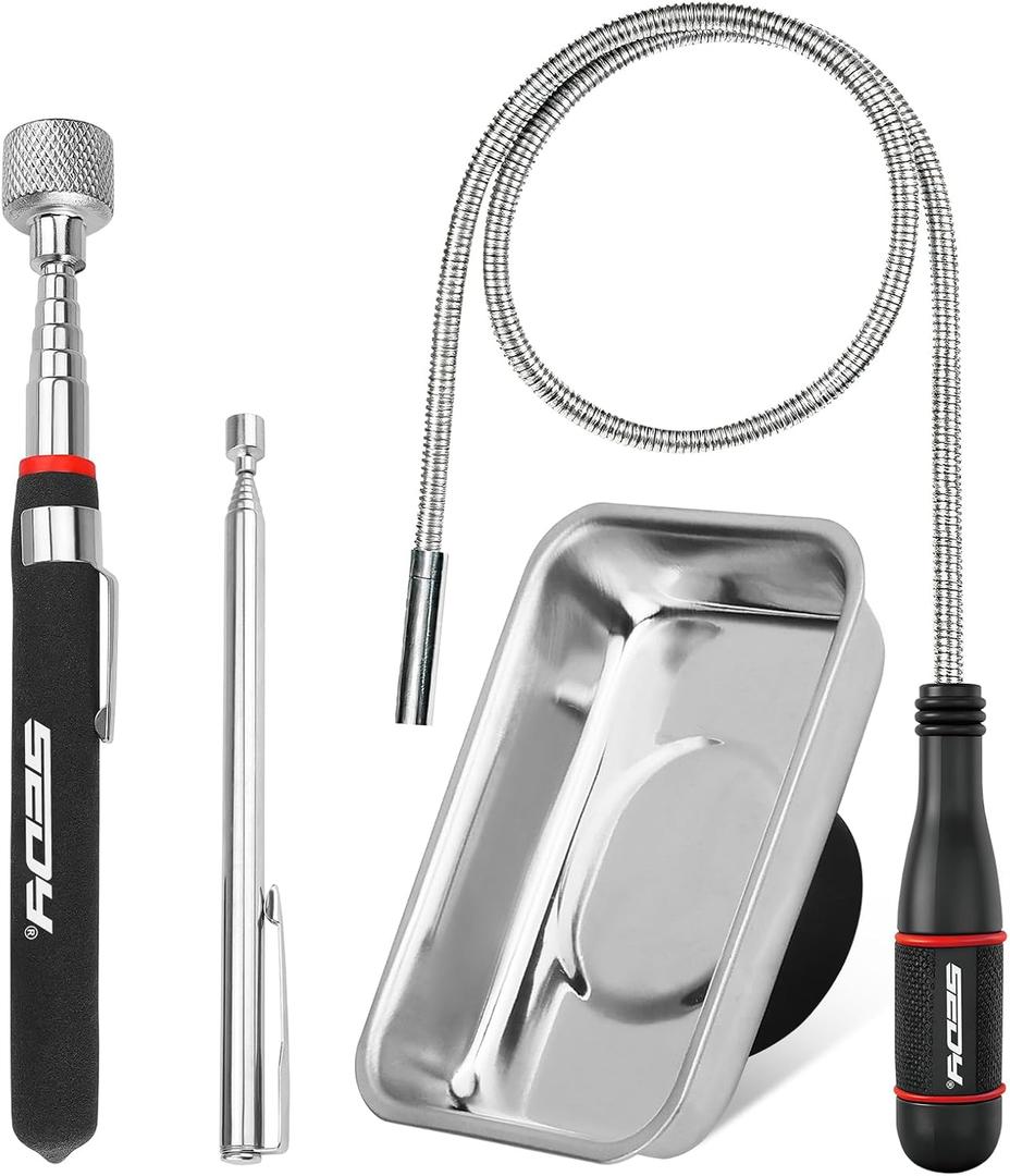 4-Piece Telescoping Magnetic Pickup Tools Set: 31in Portable Magnetic Pickup Stick, 25in Pen-Style Magnetic Pickup Tool with Pocket Clip, 20in Flexible Bendable Spring Magnet Stick, Magnet Parts Tray, 4 Pack - Multi-Tool 15LB Kit