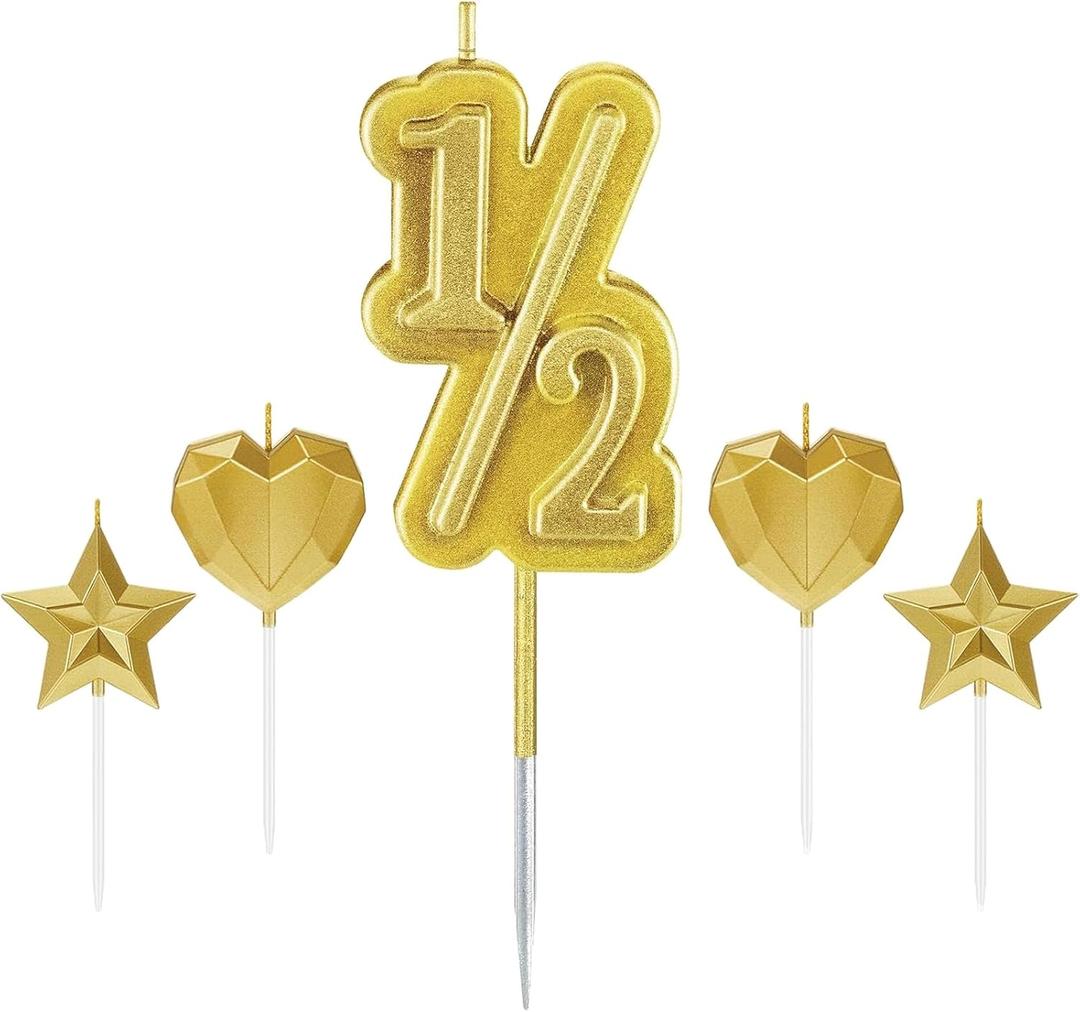 Gold Half Birthday Candle, 1/2 Year Old Cake Topper for Baby's Half Year Old Birthday Anniversary Celebration Party Decorations Baby Cake Topper