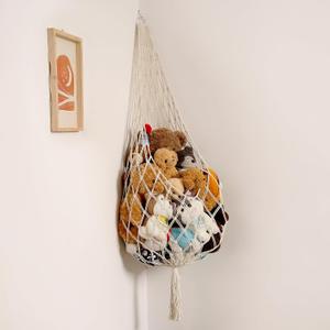 Stuffed Animal Storage Organizers Corner Hanging Net Stuffy Animal Hammock Macrame Toy Display Plush Toy Holder Wall, Kid Bedroom Decor Boho Nursery Playroom Organizer (Cream)