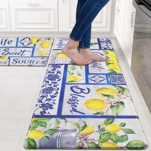 Likiyol Kitchen Mats - 2Pcs Set: Anti Fatigue, Non Slip, Lemon Print Design, Washable for Kitchen & Home Floor, 18''x30''+18''x48''