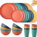 Reusable Plastic Dinnerware Sets for 8, Wheat Straw Microwave Safe Cups Plates and Bowls Set, Unbreakable Kitchen Dish Set for RV Camping Picnic Dorm, 32Pcs, Multicolor
