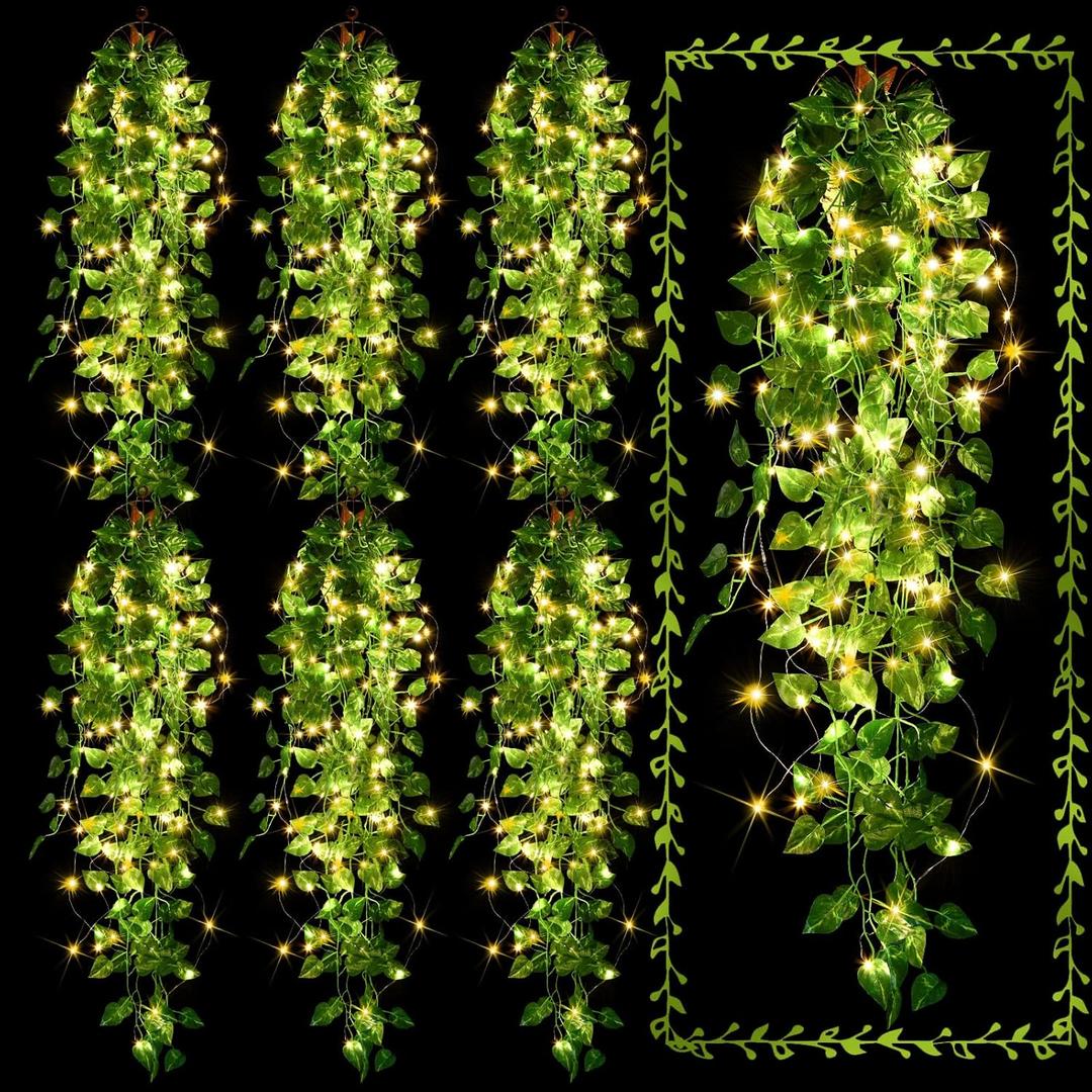 Mudder Fake Ivy Vines with Lights, LED Artificial Hanging Green Leaves Vines for Outdoors Patio Porch Decor (Basket Not Included) (Greenery Style, 6 Packs)