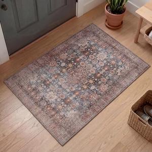 Kuden Area Rug, Machine Washable, Non-Slip Backing, Vintage Style, Soft, Low Pile, Perfect for Living Room, Bedroom, Kitchen, Dining Room - [2x3, Blue/Red/Beige]