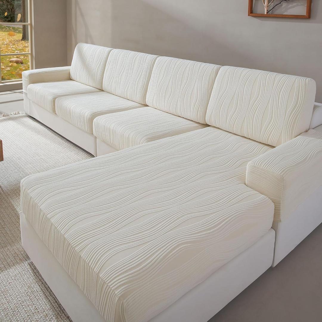 QIANMEW Couch Cushion Covers, Super Stretch Washable Sofa Slipcovers for L Shaped & Modular Seats, Pet-Friendly Furniture Protector with Stripe Design, (2 Seat Covers S, Ivory)