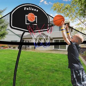 Trampoline Basketball Hoop, Easy to Install Basketball Hoop for Trampoline with Mini Ball and Pump, Basketballs Hoop with Protective Net Fit for 25mm Straight Pole and Curved Pole Trampolines