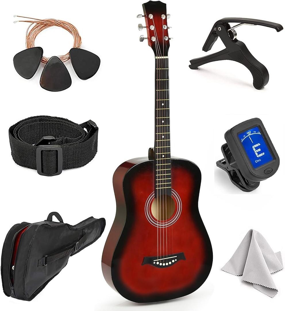Classical Acoustic Guitar For Kids By MasterPlay- 30 Beginner Guitar For Learners- Accoustic String Starter Kit: Guitar Bag, Tuner, Strap, Extra Strings, Picks, Wash Cloth, Capo (redburst)