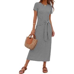 MEROKEETY Women's Summer Maxi Dresses 2026 Casual Spring Short Sleeve Tie Waist Work Beach Vacation T Shirt Long Dress (XXL)