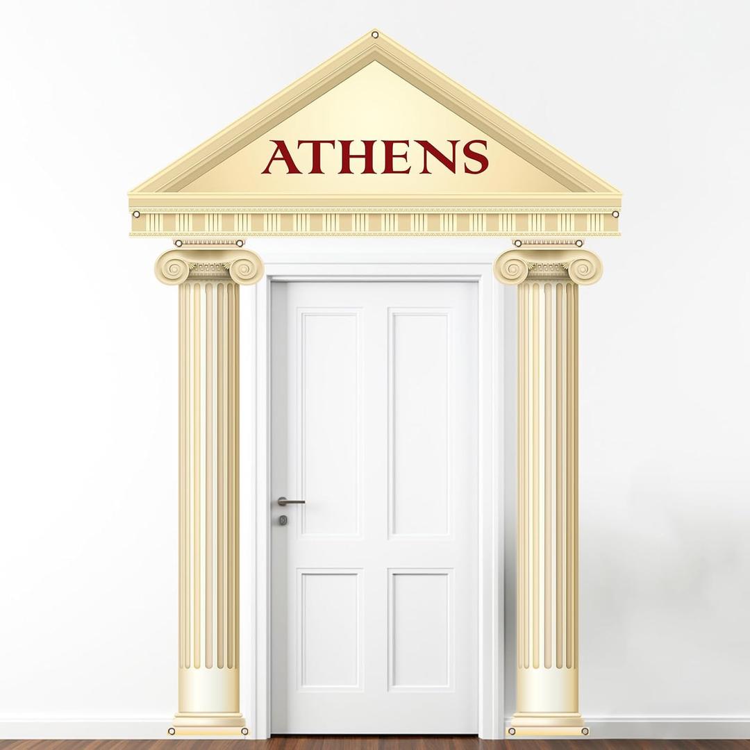 3PCS Greek Party Porch Banner Roman Pillar Door Decoration Ancient Greek-Column Sign Photo Backdrop Hanging Supplies for Wedding Birthday Medieval Renaissance Photos Booth Home Indoor Outdoor Decor