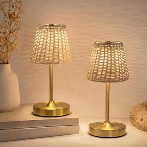 Liliful 2 Pcs Cordless Table Lamp Rechargeable Touch LED Small Gold Portable Battery Operated USB-c Desk Lamp 3 Color Dimmable for Bedroom Living Room Dining (Gold,Rattan Weaving Style)