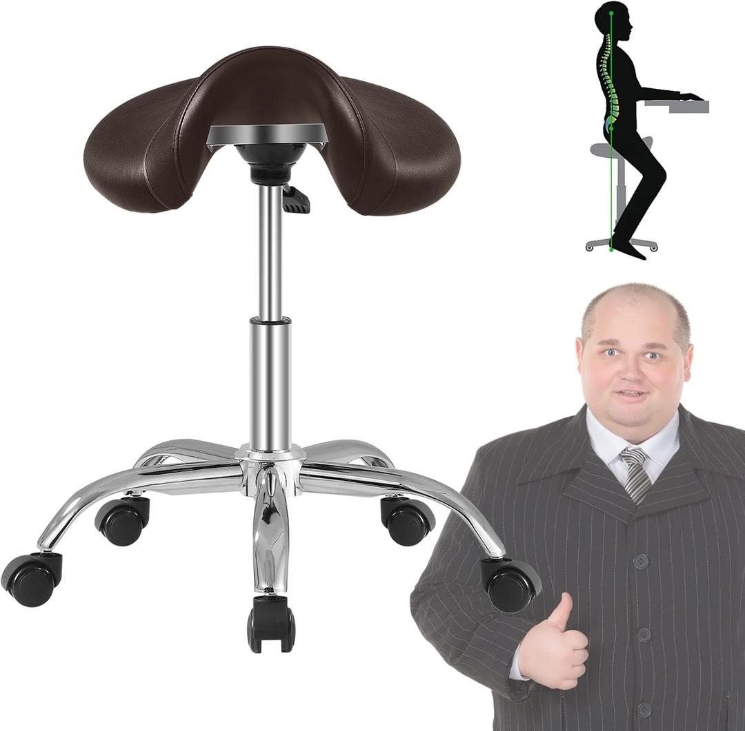 Saddle Stool with Wheels 300 lbs Weight Capacity, Heavy Duty Rolling Stool for Medical Massage Salon Kitchen Spa Drafting Nail-Tech,Height Adjustable,360 Swivel,Wide Thick Seat Padding (Brown)
