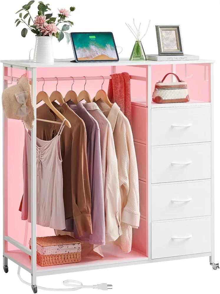 Somdot White Dresser for Bedroom with Hanging Rack LED Lights and Charging Station, 4 Drawers Dresser with Clothes Rack, Tall Storage Chest of Drawers for Closet Hallway Living Room Nursery