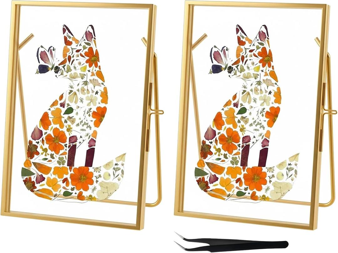 4x 6'' Gold Floating Frame Set Of 2 For Photo Sizes 2x3'',3.5x 5'',4x6'',Brass Metal Lace Edge Frames,Double Glass Adjustable Tabletop/Shelf Photo Frame, Christmas Framed Wall Art Craft Ornaments Classy Gifts
