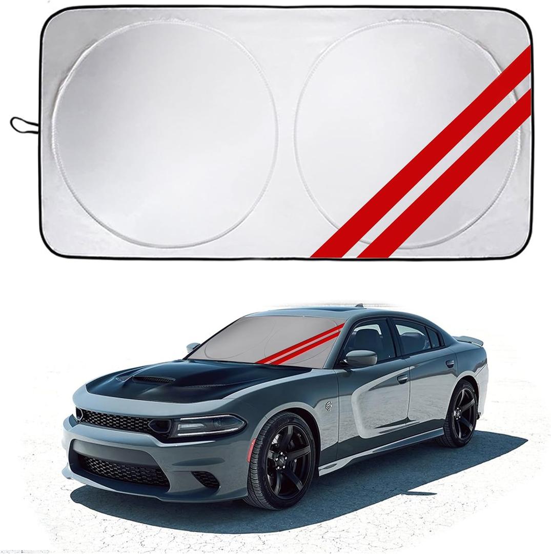 Front Windshield Sun Shade Fit for Dodge Charger Challenger Durango Journey Universal Fit to All Dodge Cars Foldable Sun Visor Protector Custom Fit Dodge Window Sunhade (Red Trim)