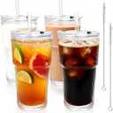 GGOLDMER 4 Pack Glass Tumblers with Lids and Straws, 20oz Iced Coffee Cups with Lids Reusable for Juices, Smoothies, Cocktail, Beer, Tea and Latte - Ribbed Design & Thick Glass