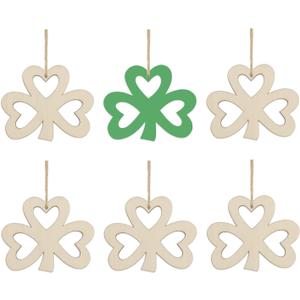 20pcs Shamrock Wood DIY Crafts Cutouts Wooden Shamrock Clover Shaped Hanging Ornaments with Hole Hemp Ropes Wood Tags for Irish Festival St. Patrick's Day Party Decorations