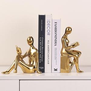 Ceramic Decorative Bookends, Book Ends for Shelves, Home Office Decor Aesthetic Statues Book Holders Stoppers for Bookshelf, Table, Bedroom Living Room Decoration (Gold)