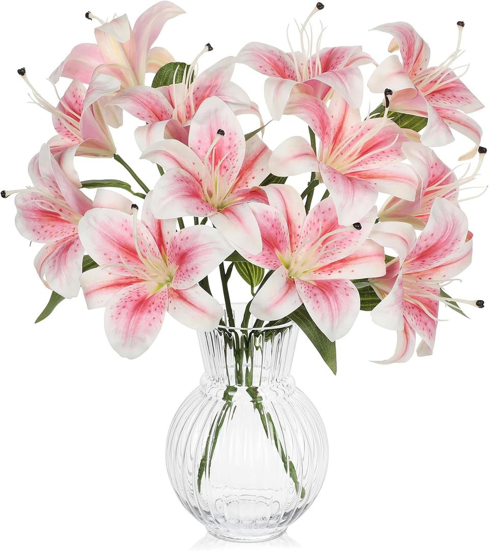 Hollyone 6 Heads Pink Artifical Lily Flowers 2Pcs Easter Lily Artificial Flowers Faux Stargazer Lilies Flower Arrangement Bouquets Fake Lilies Stem for Indoor Home Decor Table Office Party Decoration