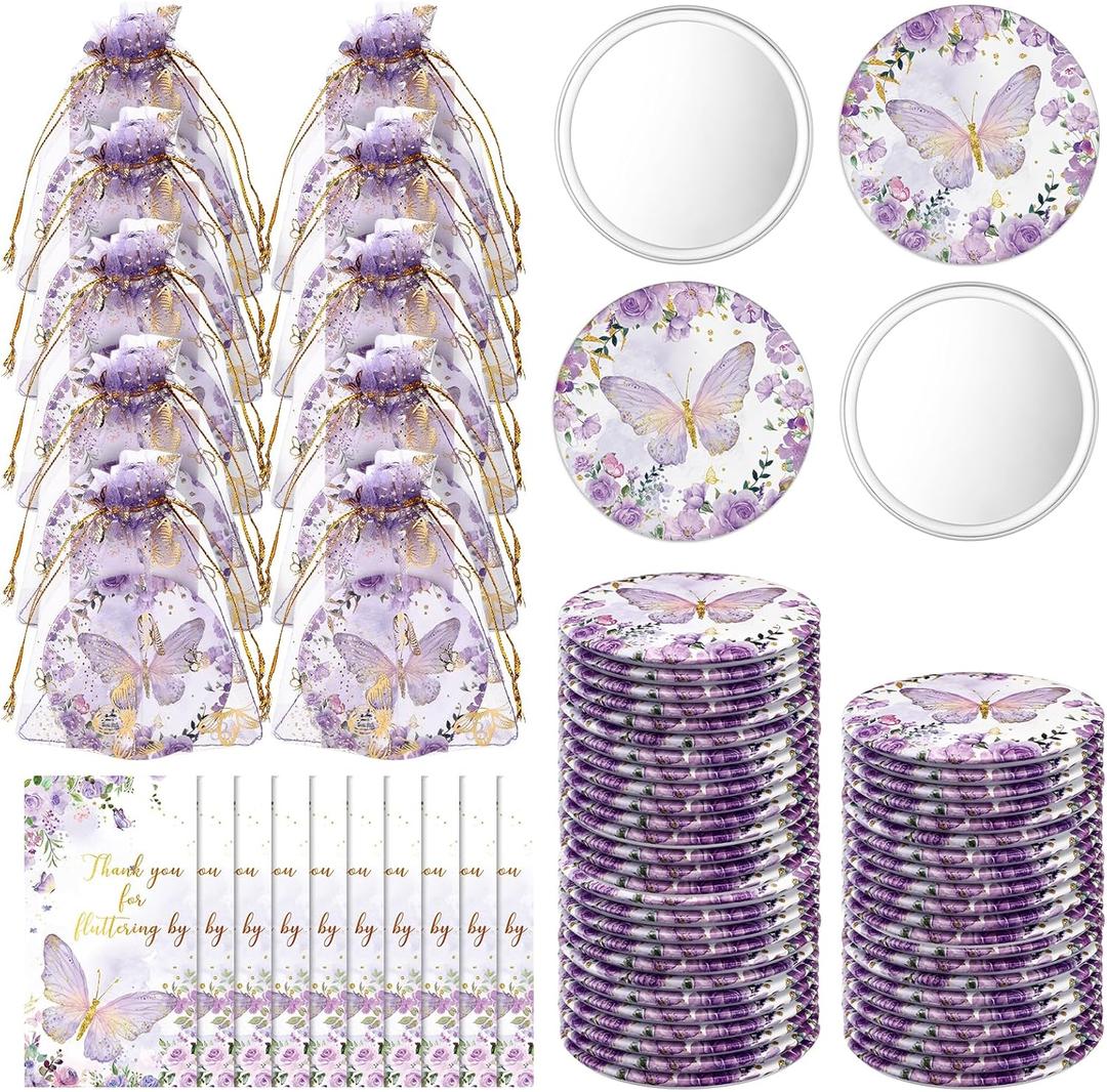36 Sets Butterfly Baby Shower Party Favors, Butterfly Compact Pocket Mirrors and Thank You Cards Gifts Bulk for guests Bridal Shower Wedding Gender Reveal Party(Purple)