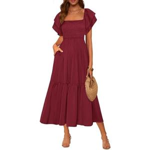 MASCOMODA Womens Summer Casual Midi Dress Square Neck Ruffle Short Sleeve Smocked High Waist A Line Wedding Guest Dresses M