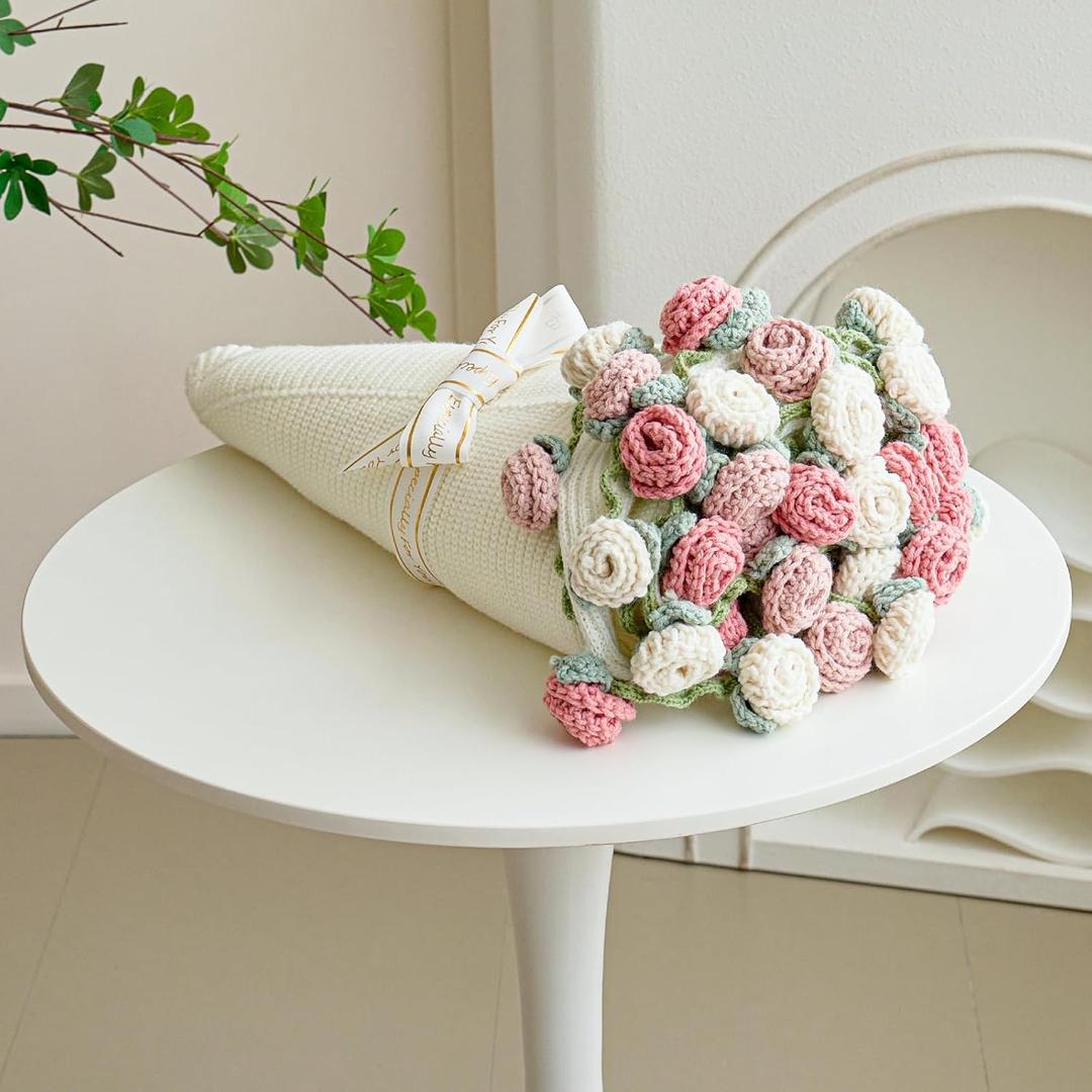 Crochet Flower Bouquet Throw Blanket, Handmade Knitted Blanket with Rose Flowers, Cute Romantic Gift for Her Girlfriend Mom Mothers Day Valentine Wedding Anniversary Birthday (Without Packaging Bag)
