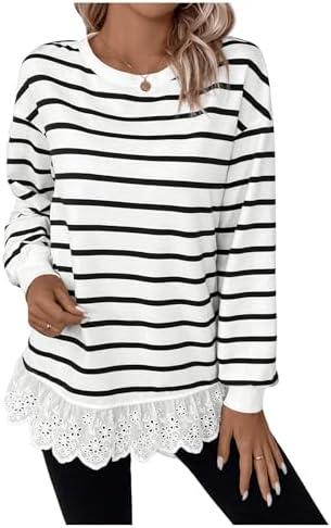SweatyRocks Women's Striped Tee Shirt Long Sleeve Round Neck Eyelet Lace Trim Tops, Medium