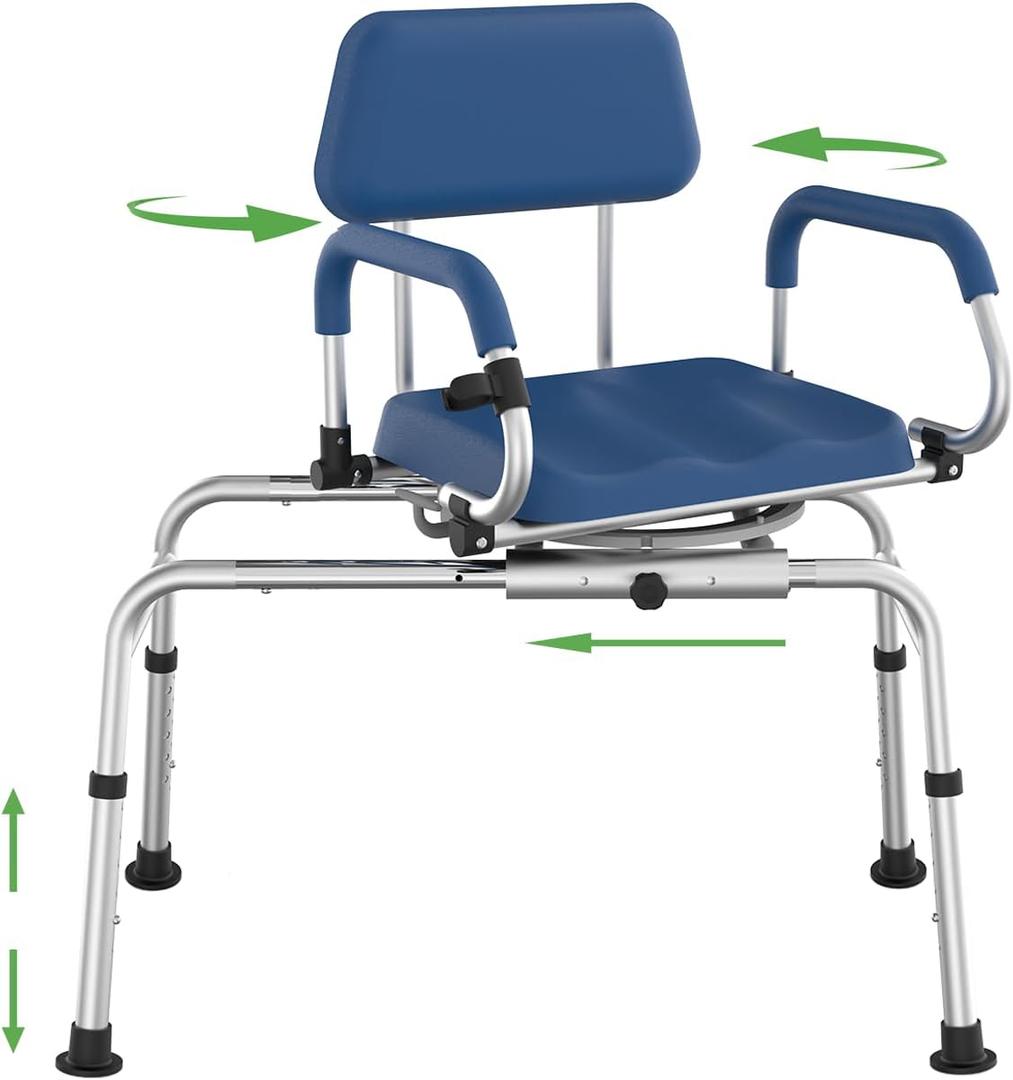 Loyoda Sliding Shower Chair Tub Transfer Bench with Swivel Seat, Premium Padded Seat and Backrest, Pivoting Arms, Height Adjustable for Tubs, Inside Shower, for Handicap & Seniors350 Lbs