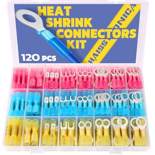 haisstronica 120PCS Heat Shrink Wire Connectors-Marine Grade Heat Shrink Butt Connectors-Electrical Connectors Kit of Tinned Red Copper, AWG 22-10 Crimp Insulated Ring Fork Butt Splice(3Colors/ 24Sizes)