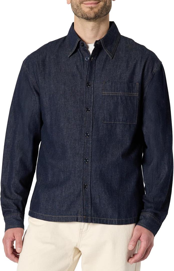 Amazon Essentials Men's Modern Oversized-Fit Denim Button-Down Shirt, Button Front (Blue, XS)