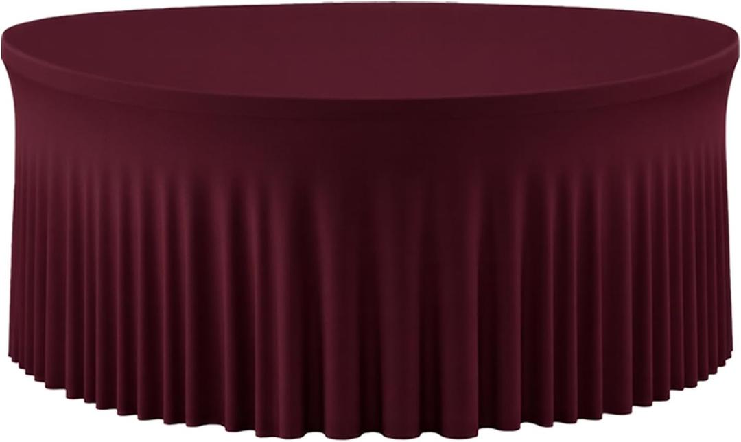 Burgundy Round Tablecloth 60 inch Stretch Spandex Fitted 5FT Round Banquet Tablecloths Wrinkle Free Table Cover Stitch Circle Tablecloth with Ruffle Skirt for Wedding Party Birthday Decor
