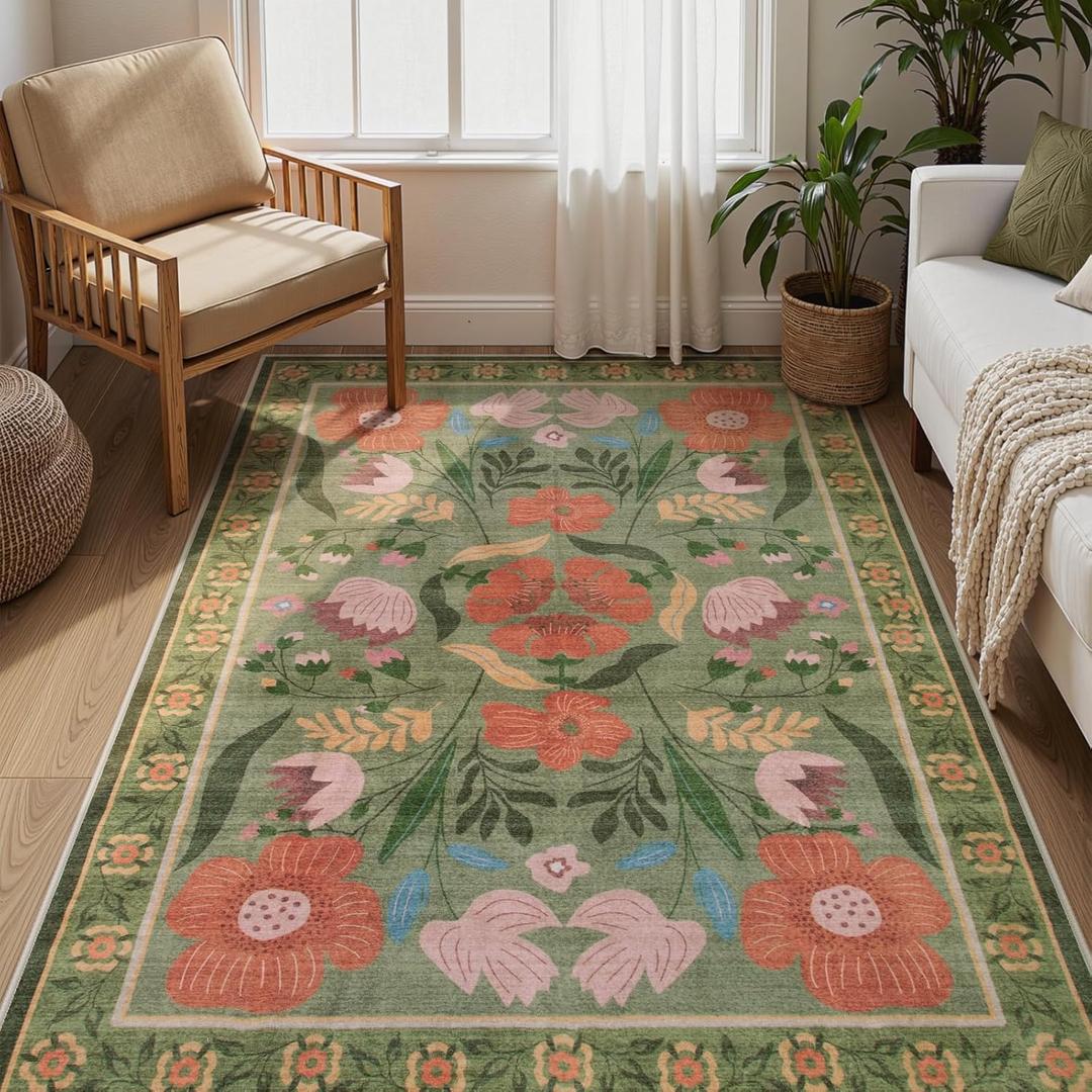 Floral Washable Rugs 5x7, Non-Slip Soft Green 5x7 Area Rugs for Bedroom, Vintage Farmhouse Botanical Low-Pile Carpet Rugs for Living Room Nursery Kids Room (5x7ft,Green)