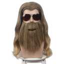 WildCos Long Curly Golden Brown Hair and Beard Cosplay Wig for Men